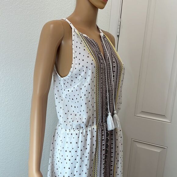 C Dress Size Small Tassel Tie V Neck Sleeveless Maxi White Brown Yellow Lined - Picture 3 of 12